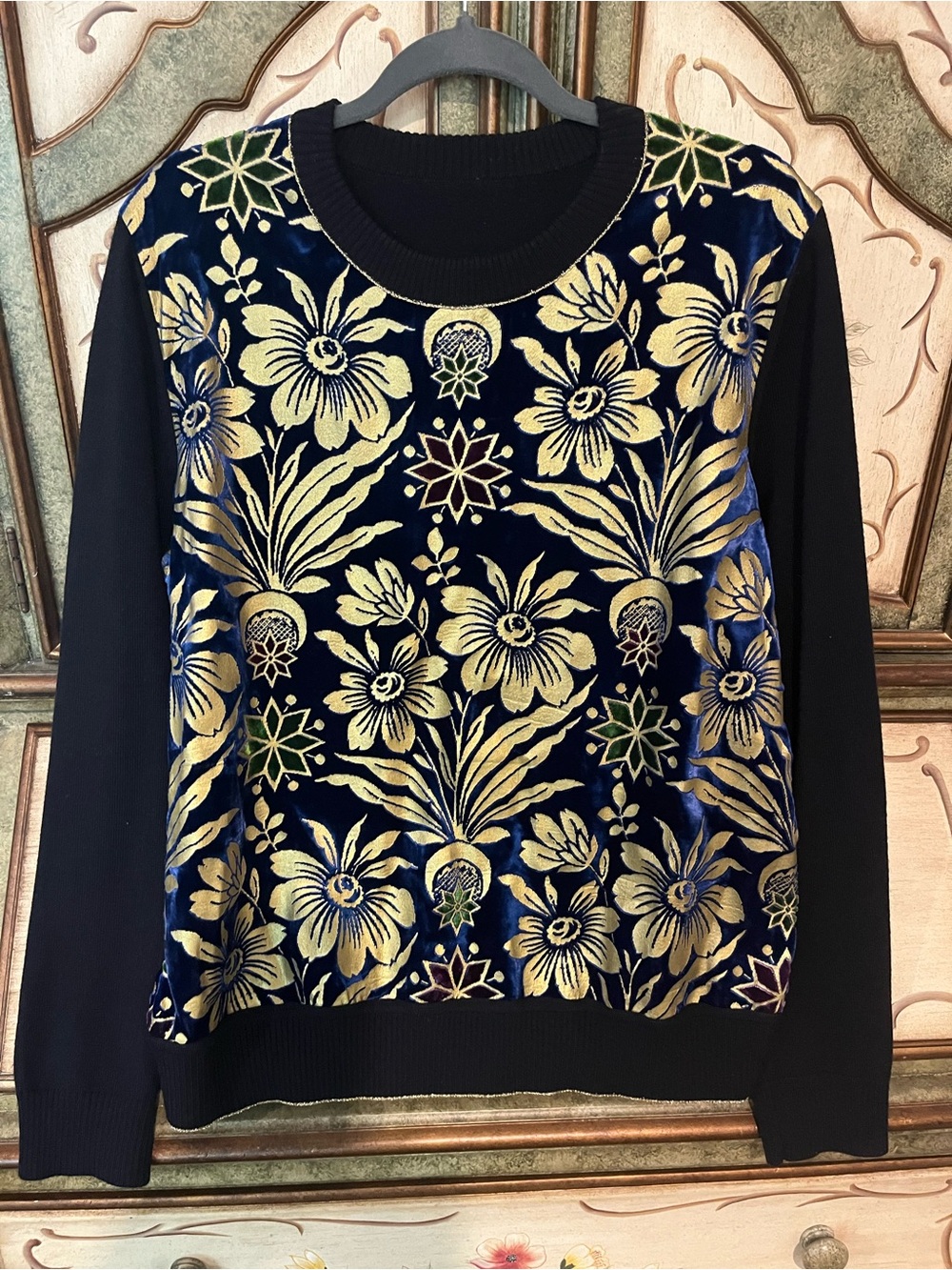 Tory Burch Women’s Black Velvet Floral Metallic Gold Sweater